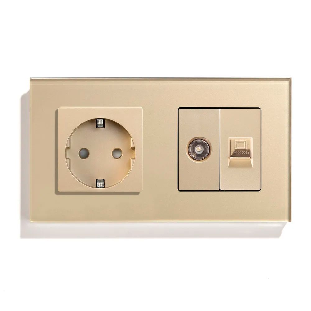 Купить Розетка 2 поста с интернет/тв, cat5/tv, рамка 157х86мм стекло, цвет золото в интернет-магазине Mvava.ru
