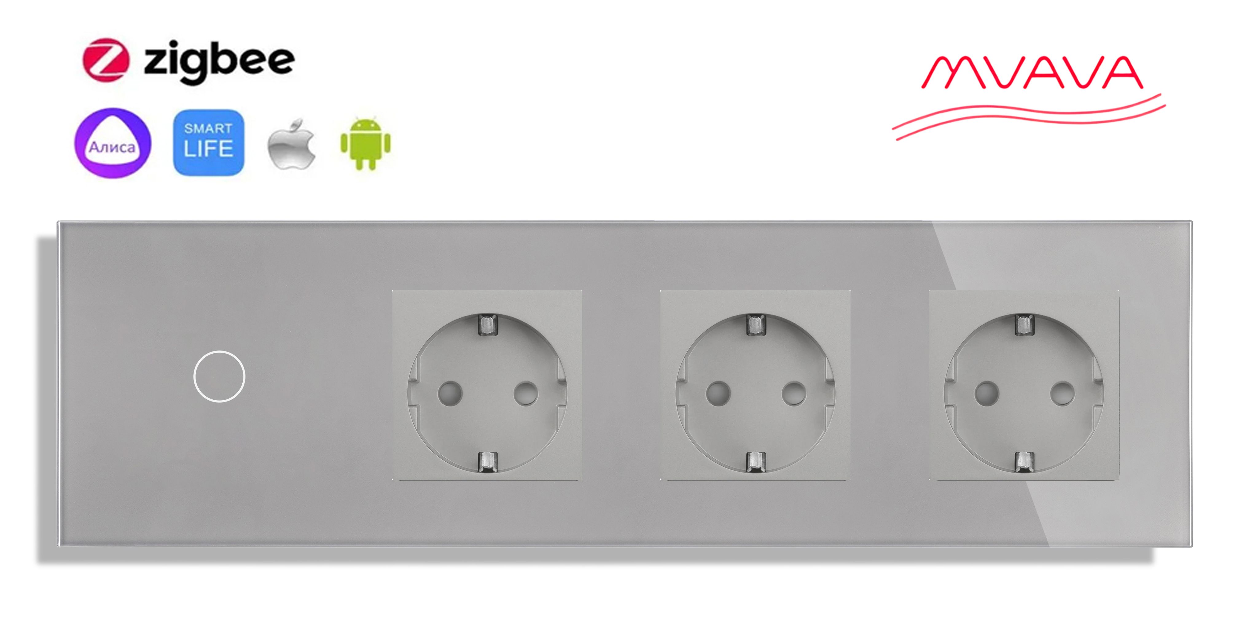 Купить Сенсорный выключатель ZigBee MVAVA 1 кл. 3 розетки 4 поста (1G+3EU) стекло299х86мм цвет серый в интернет-магазине Mvava.ru