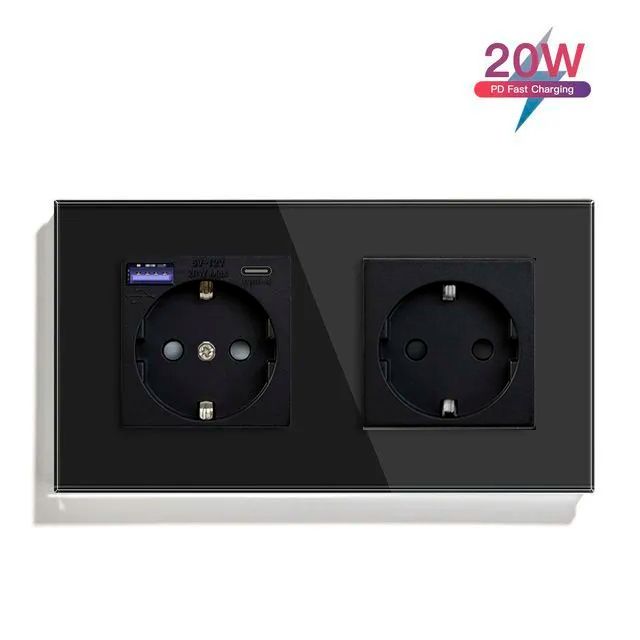 Купить Розетка электрическая 2 поста EU/AC, быстрая зарядка 20W, стекло 157х86 мм, цвет черный в интернет-магазине Mvava.ru