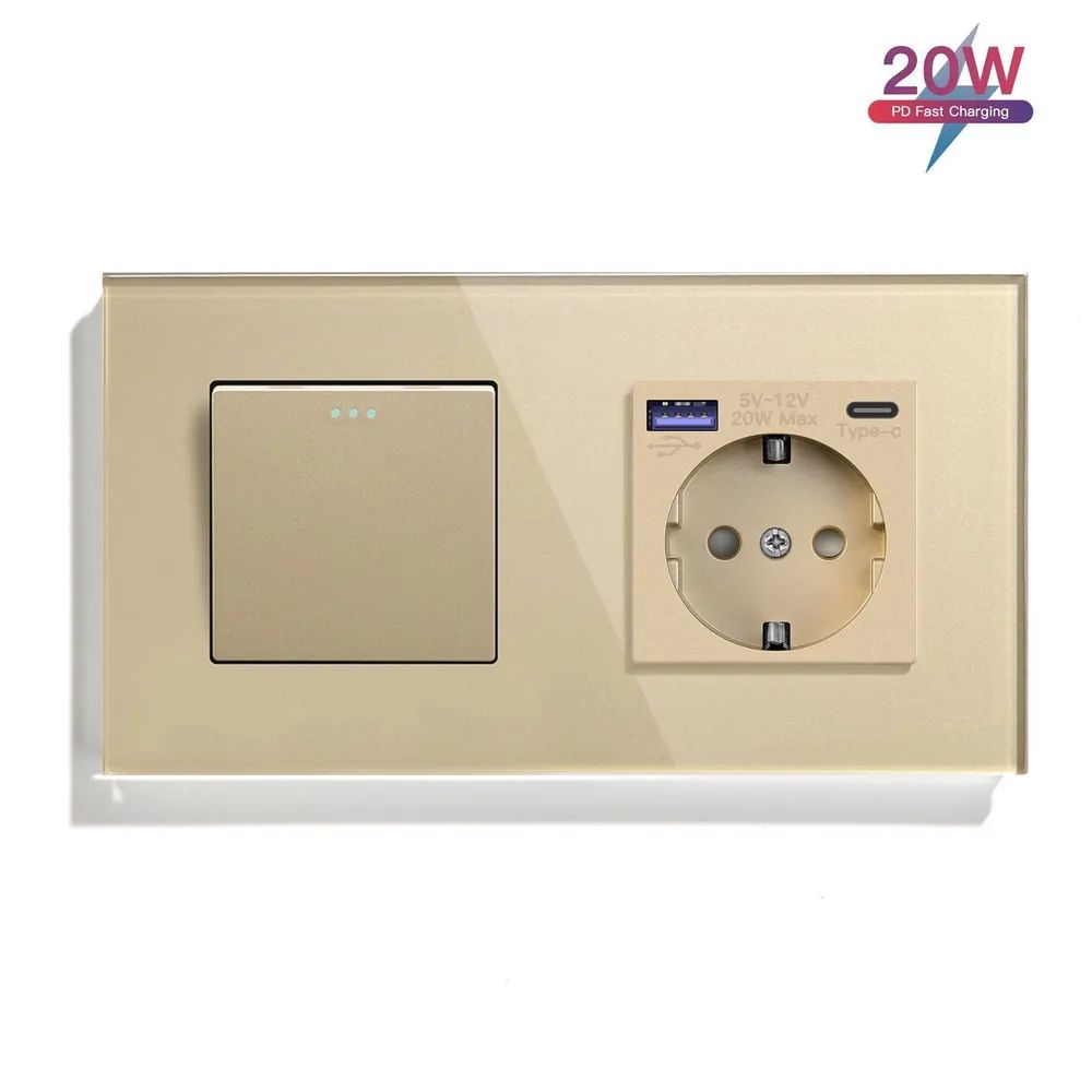 Купить Механический выключатель MVAVA, 2 поста, 1К+1Р, USB/Type-C 20 Вт, 157×86 мм, стекло, золотой в интернет-магазине Mvava.ru
