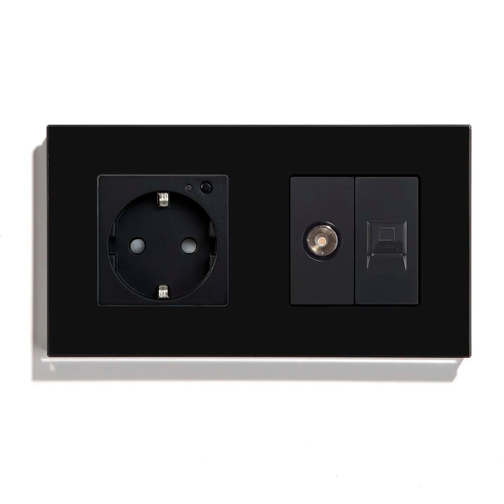 Купить Розетка 2 поста с интернет/тв, cat5/tv, рамка 157х86мм стекло, цвет черный в интернет-магазине Mvava.ru