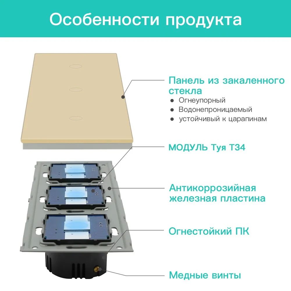 Купить Сенсорный выключатель ZigBee MVAVA, 3 кл. 3 поста (1G+1G+1G) стекло 228х86мм цвет золотой в интернет-магазине Mvava.ru