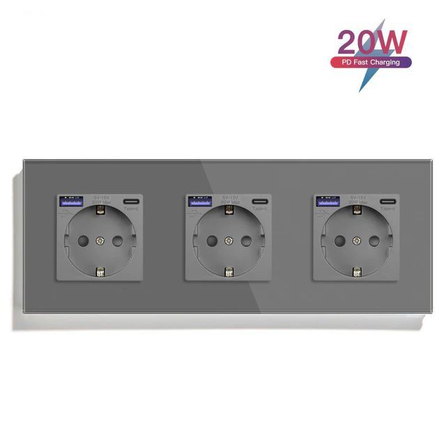 Купить Розетка электрическая 3 поста АC, быстрая зарядка 20W, стекло 228х86 мм, цвет серый в интернет-магазине Mvava.ru