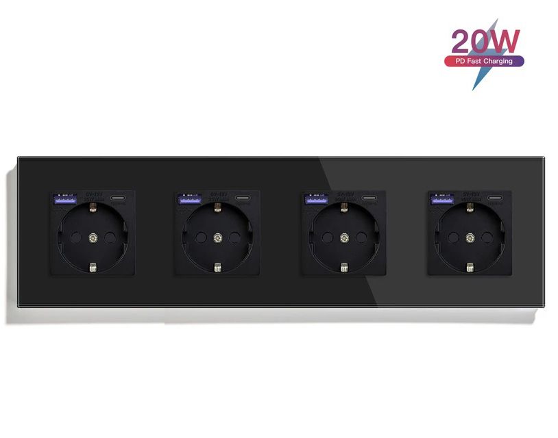 Купить Розетка электрическая 4 поста АC, быстрая зарядка 20W, стекло 299х86 мм, цвет черный в интернет-магазине Mvava.ru