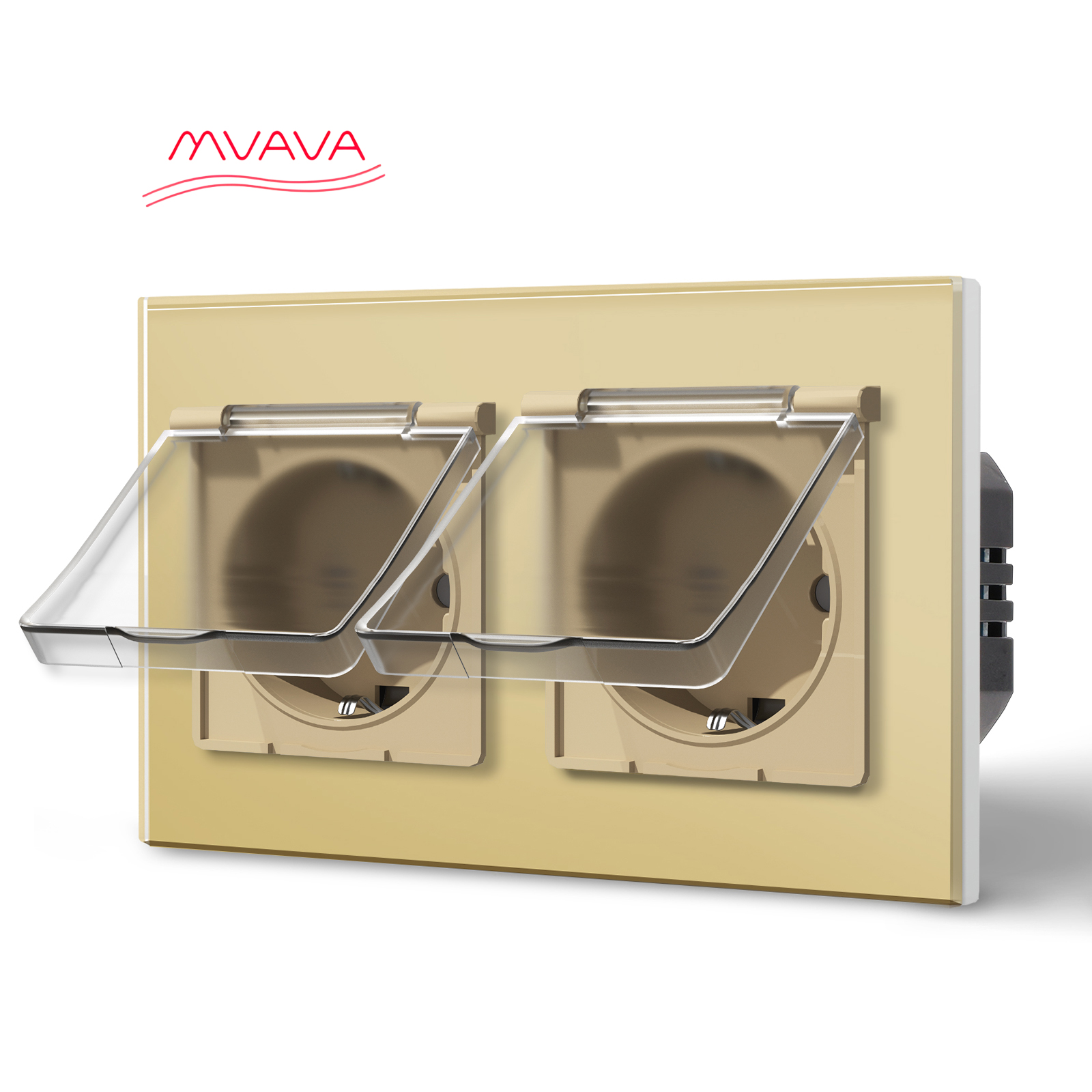 Купить Розетка влагозащищенная с крышкой, 2 поста, рамка 157х86 стекло, цвет золотой в интернет-магазине Mvava.ru
