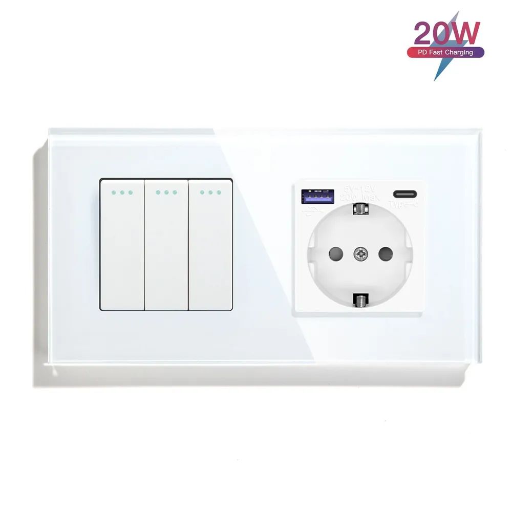Купить Механический выключатель MVAVA, 2 поста, 3К+1Р, USB/Type-C 20 Вт, 157×86 мм, стекло, белый в интернет-магазине Mvava.ru