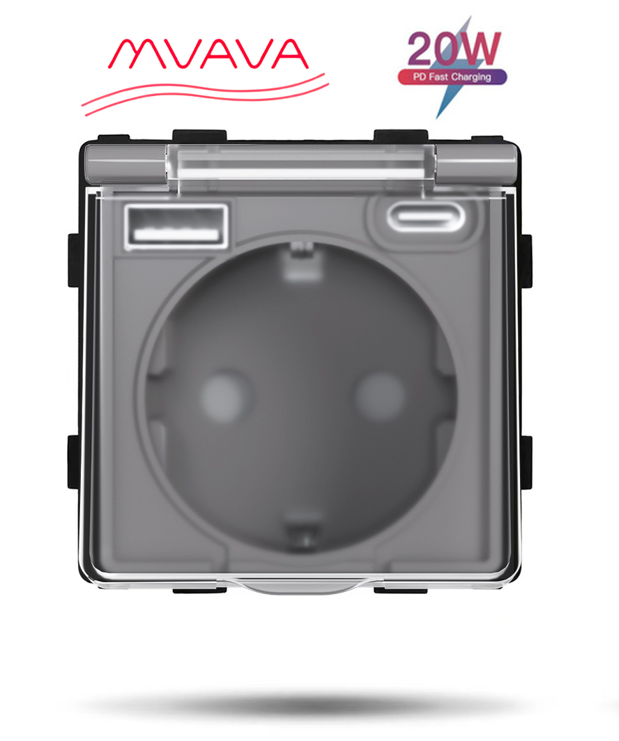 Купить Механизм розетки с крышкой (без рамки) с Usb/Type-C АC, быстрая зарядка 20Вт, цвет серый в интернет-магазине Mvava.ru