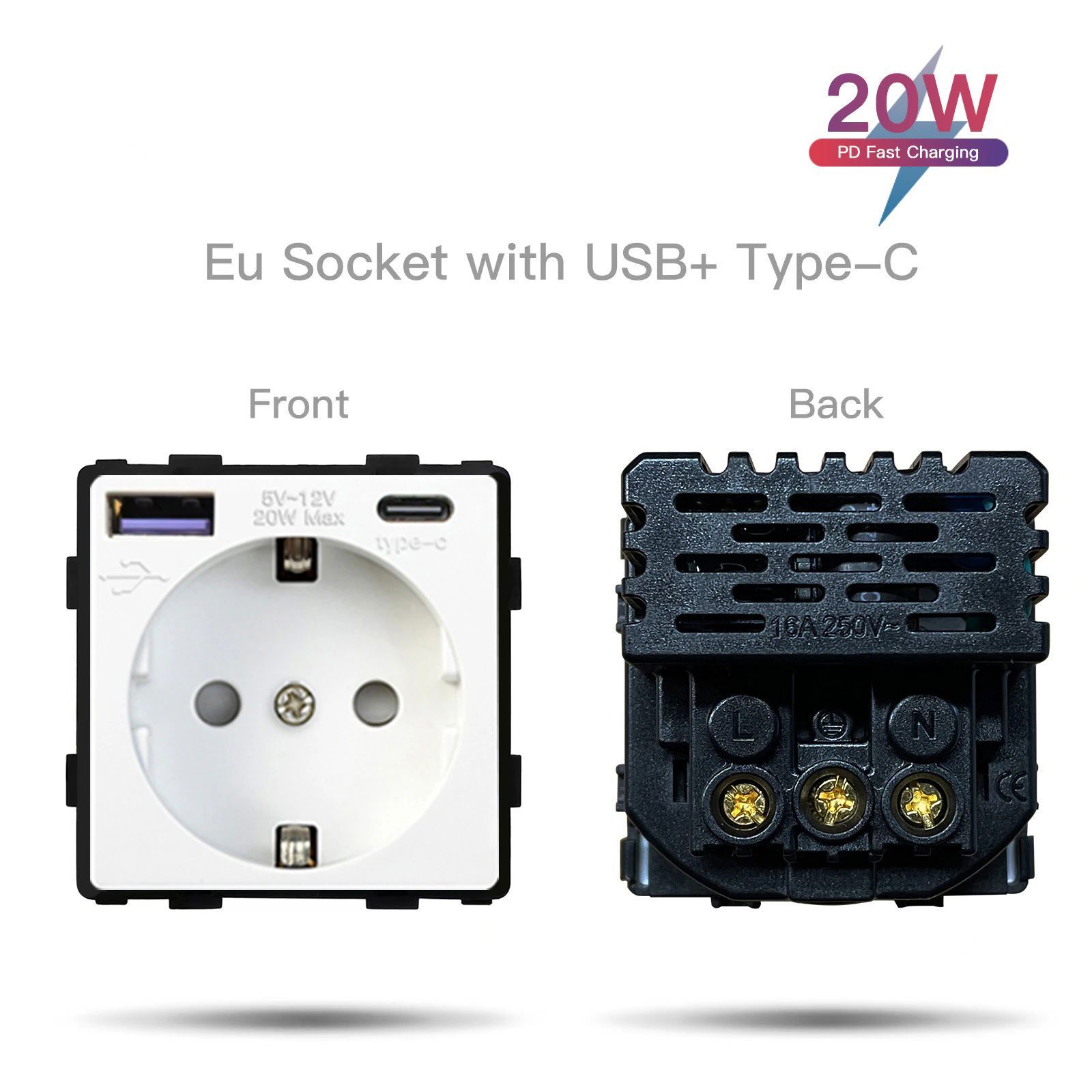 Купить Механизм розетки (без рамки) с Usb/Type-C АC, быстрая зарядка 20Вт, цвет белый в интернет-магазине Mvava.ru