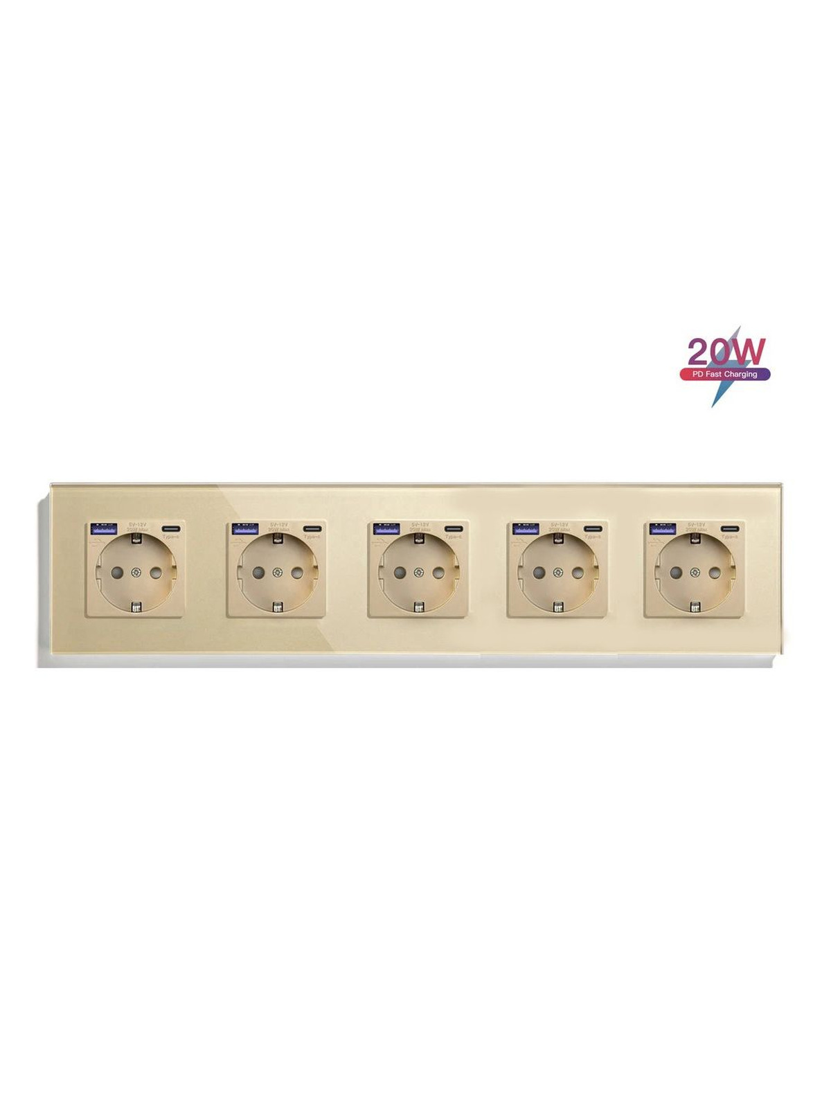 Купить Розетка электрическая 5 постов АC, быстрая зарядка 20W, стекло 370х86 мм, цвет золотой в интернет-магазине Mvava.ru