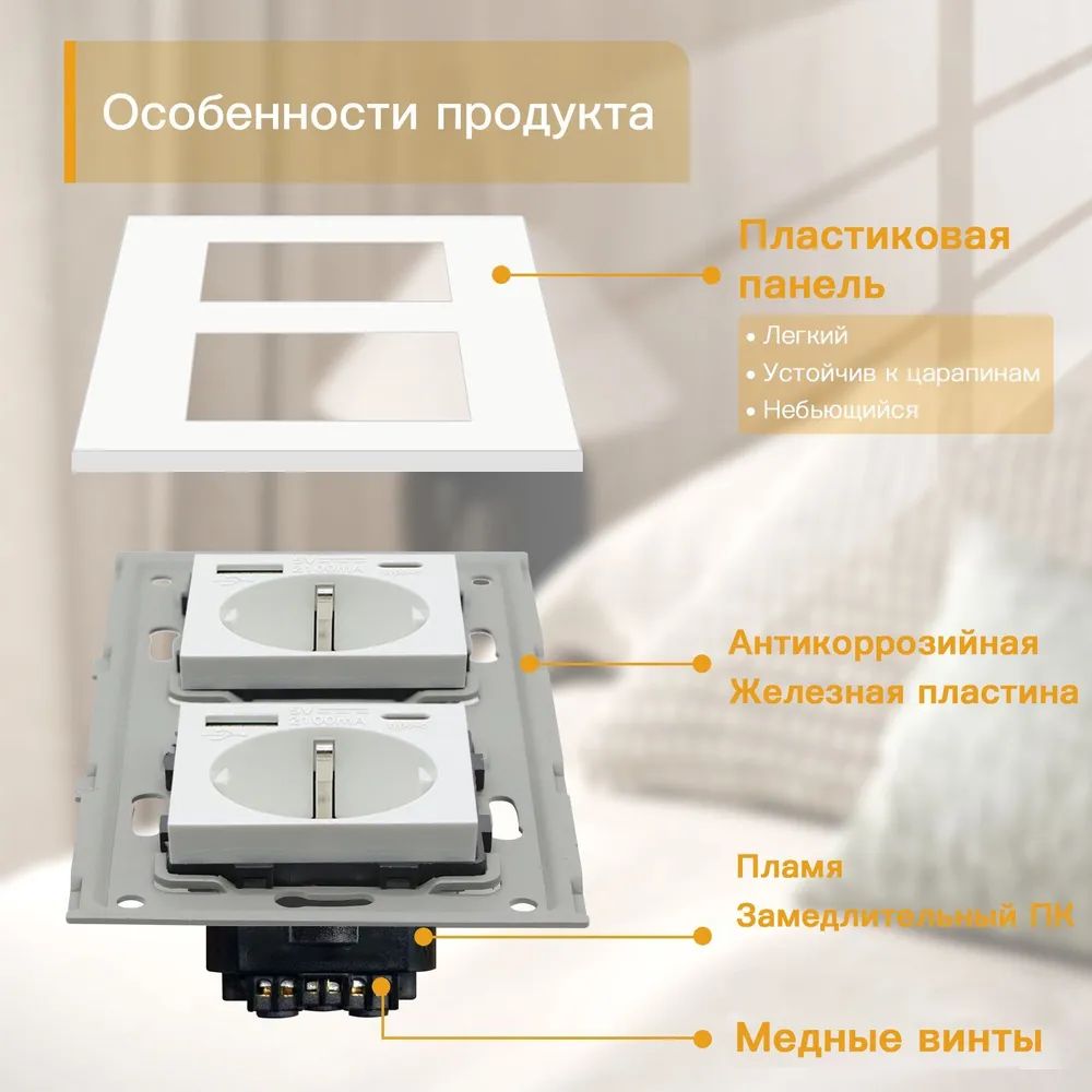 Купить Розетка электрическая 2 поста, с Usb/Type-C АC, рамка 157х86мм пластик, цвет белый в интернет-магазине Mvava.ru