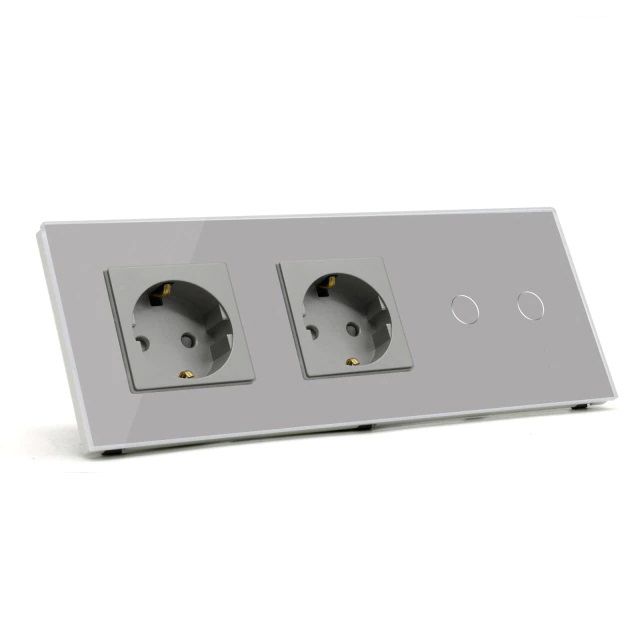 Купить Сенсорный выключатель WiFi с нулем 2розетки 2кл. 3поста (2EU+2G) стекло 228х86мм цвет серый в интернет-магазине Mvava.ru