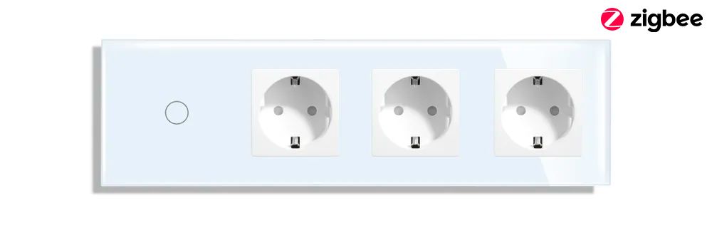 Купить Сенсорный выключатель ZigBee MVAVA 1 кл. 3 розетки 4 поста (1G+3EU) стекло299х86мм цвет белый в интернет-магазине Mvava.ru
