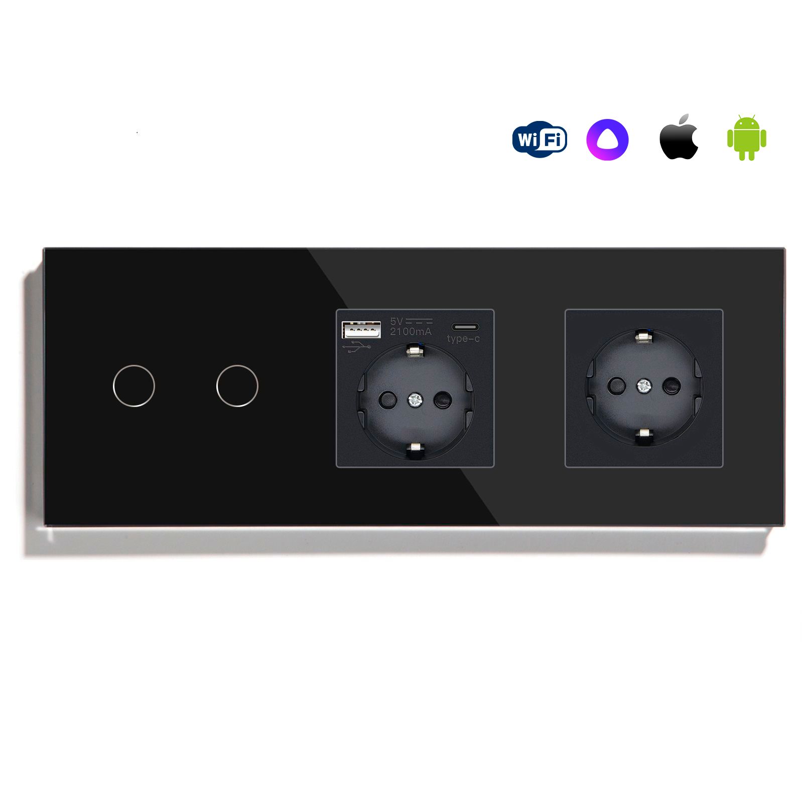 Купить Сенсорный выключатель WiFi 2 клавиши 2 розетки 3 поста (2G+AC/EU) стекло 228х86мм цвет черный в интернет-магазине Mvava.ru