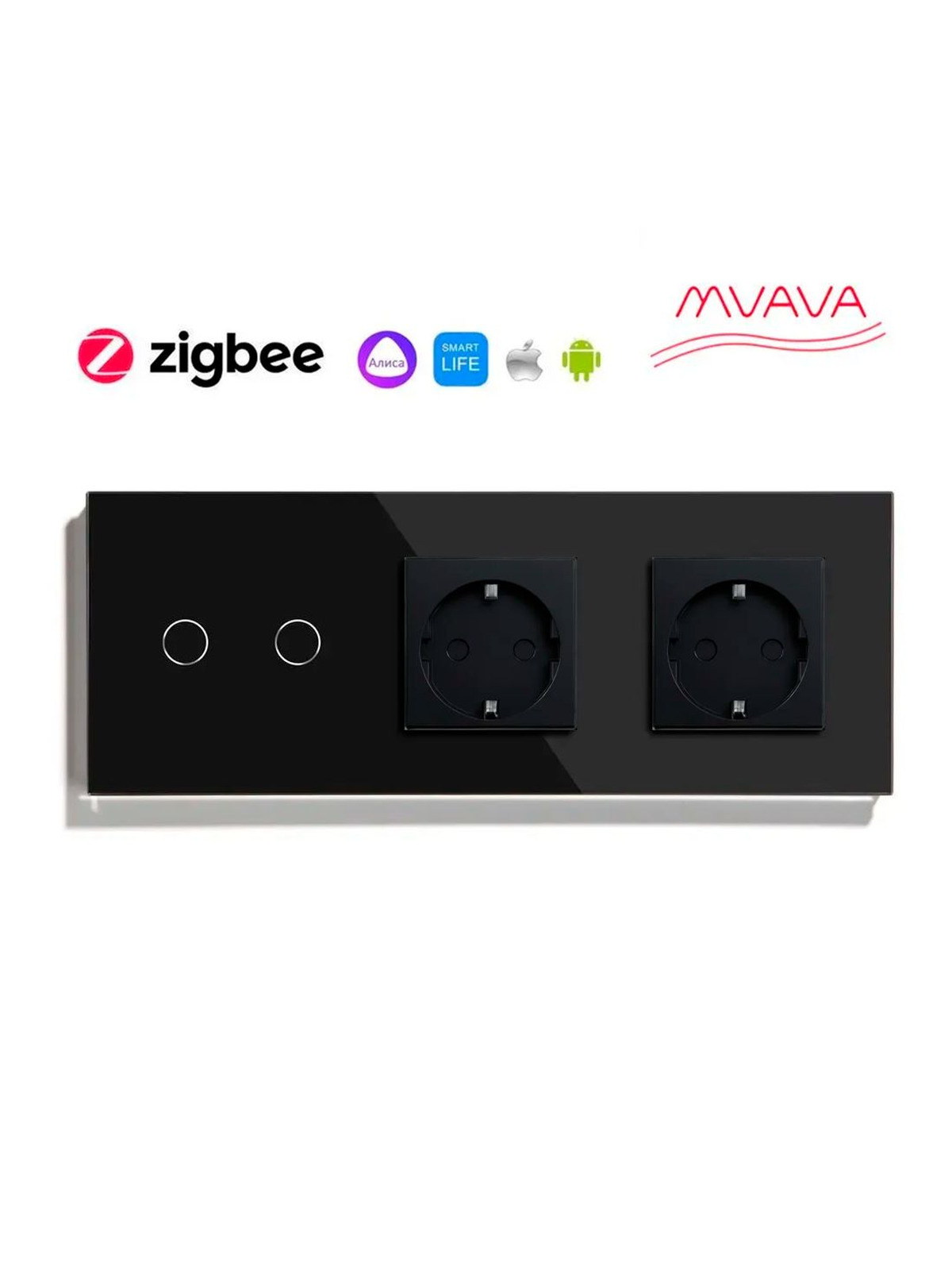 Купить Сенсорный выключатель ZigBee MVAVA 2кл. 2 розетки, 3 поста (2G+2EU) стекло 228х86мм цвет черный в интернет-магазине Mvava.ru