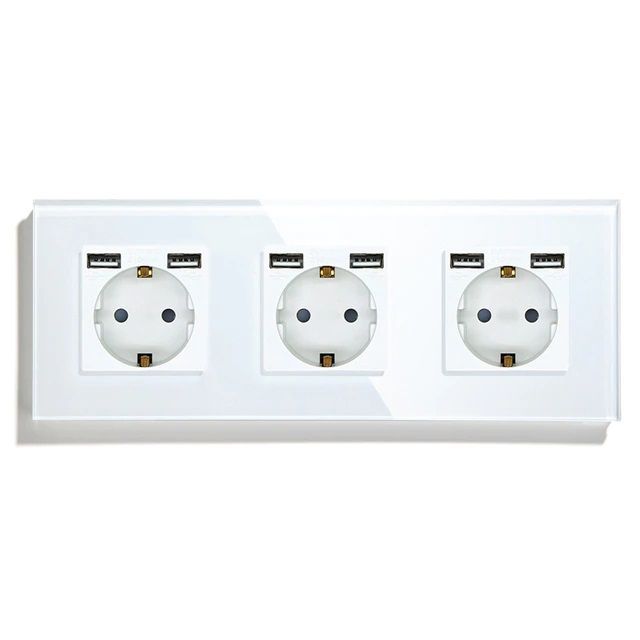Купить Розетка электрическая 3 поста, с Usb АА, рамка 228х86мм стекло, цвет белый в интернет-магазине Mvava.ru