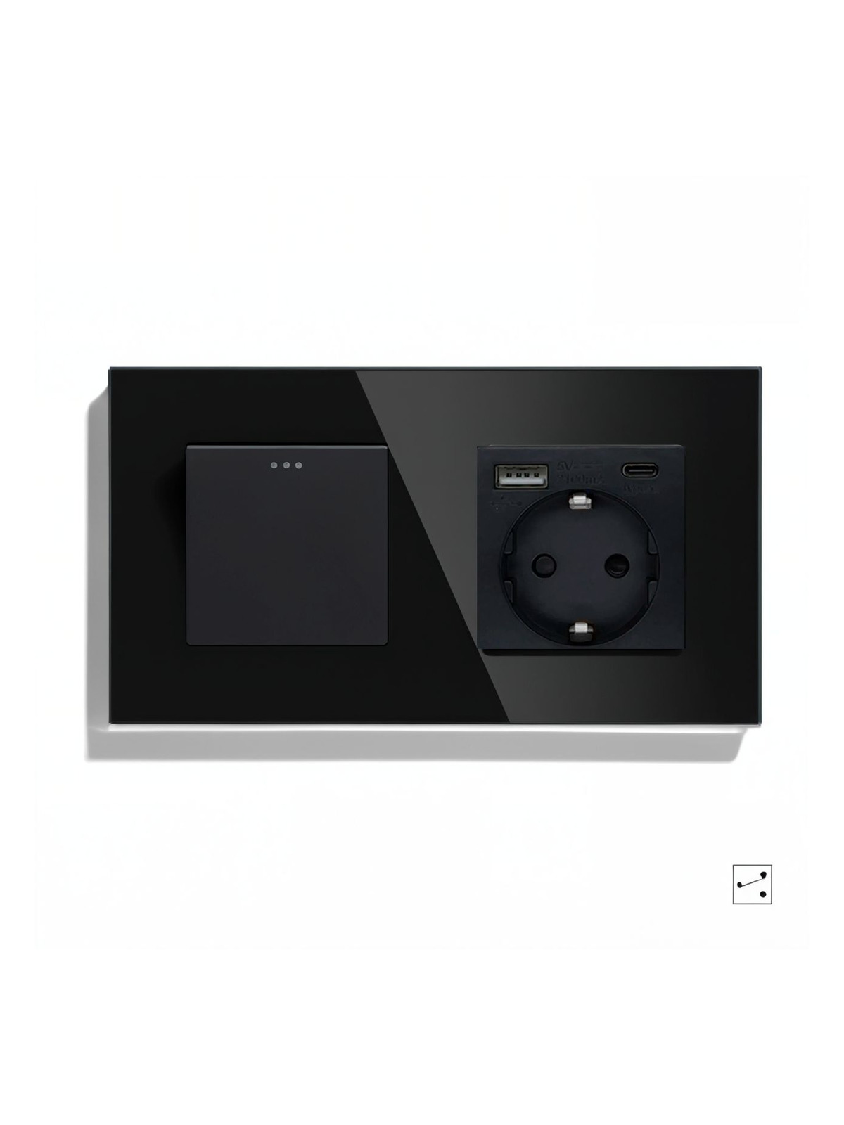 Купить Выключатель с розеткой, 1 клавиша 1 розетка с usb type-c, 2 поста (М1+1FAC) рамка стекло 157х86мм цвет черный в интернет-магазине Mvava.ru