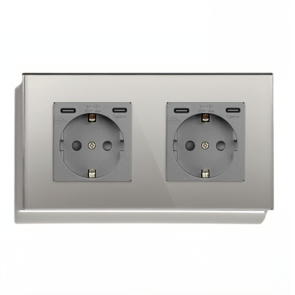 Купить Розетка электрическая 2 поста CC, быстрая зарядка 20W, стекло 157х86 мм, цвет серый в интернет-магазине Mvava.ru