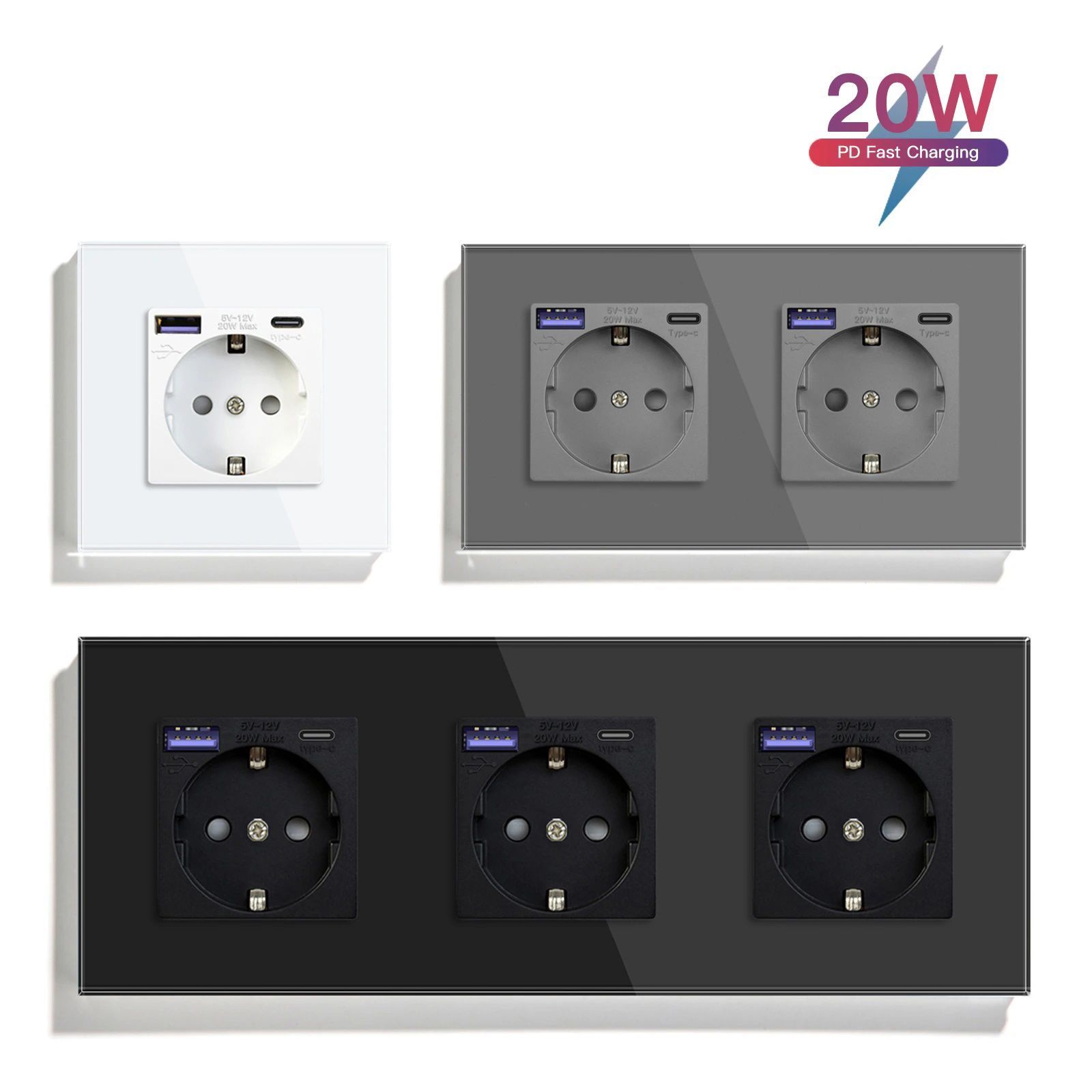 Купить Розетка электрическая 3 поста АC, быстрая зарядка 20W, стекло 228х86 мм, цвет золотой в интернет-магазине Mvava.ru