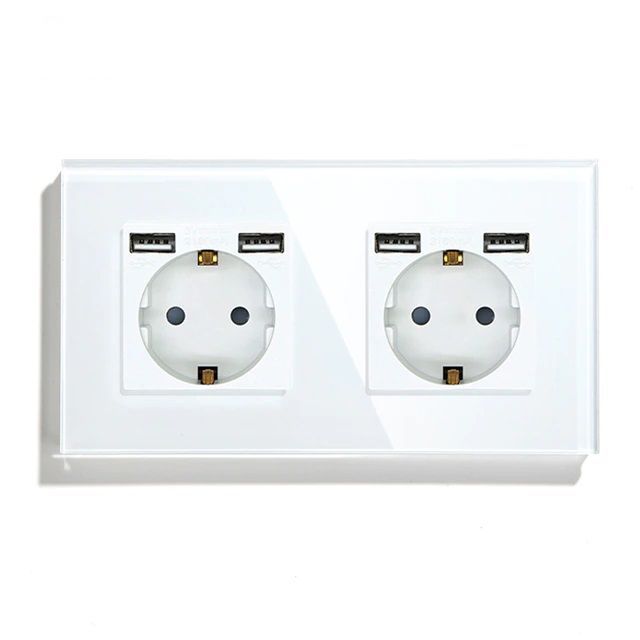 Купить Розетка электрическая 2 поста, с Usb АА, рамка 157х86мм стекло, цвет белый в интернет-магазине Mvava.ru