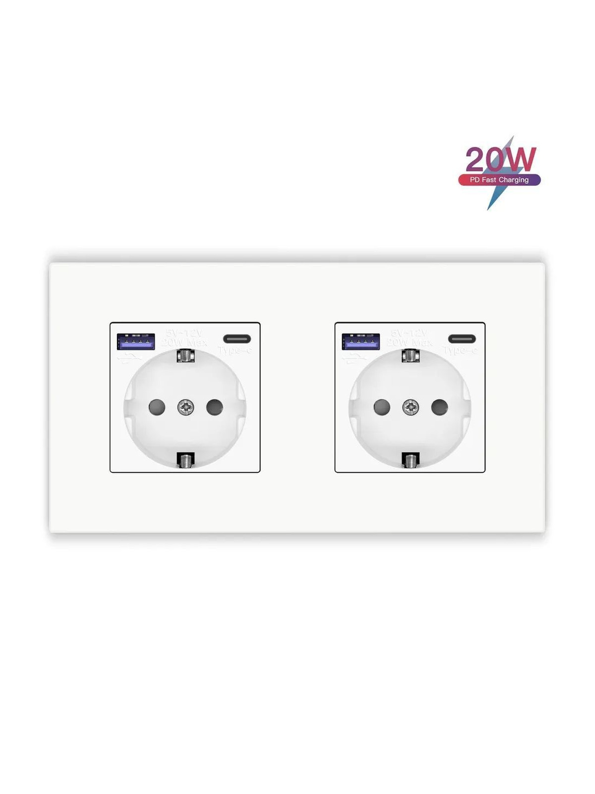 Купить Розетка электрическая 2 поста с Usb/Type-C АC, быстрая зарядка 20W, рамка пластик, цвет белый в интернет-магазине Mvava.ru