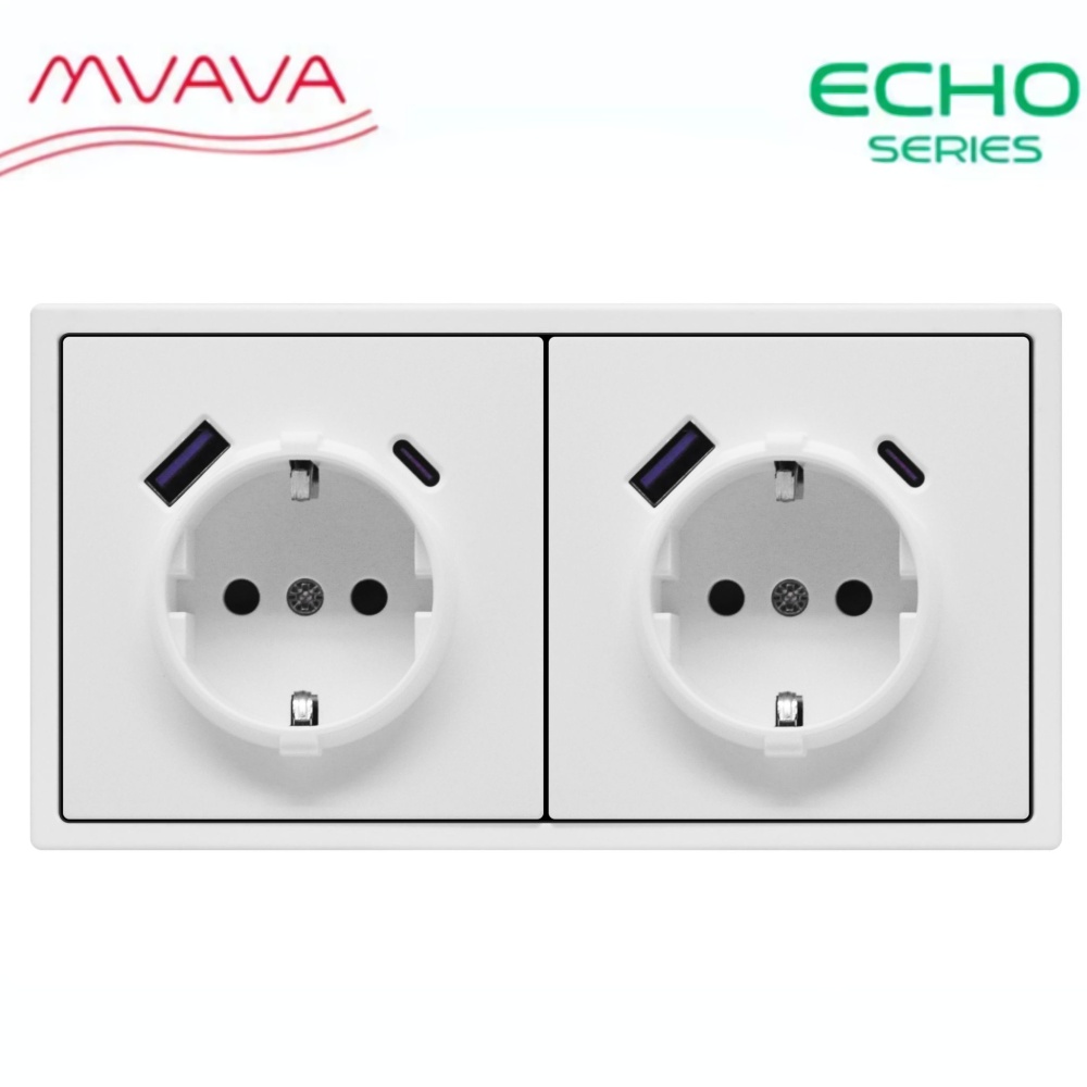 Купить Розетка электрическая echo 2 поста с Usb/Type-C АC, быстрая зарядка 20W, цвет белый в интернет-магазине Mvava.ru