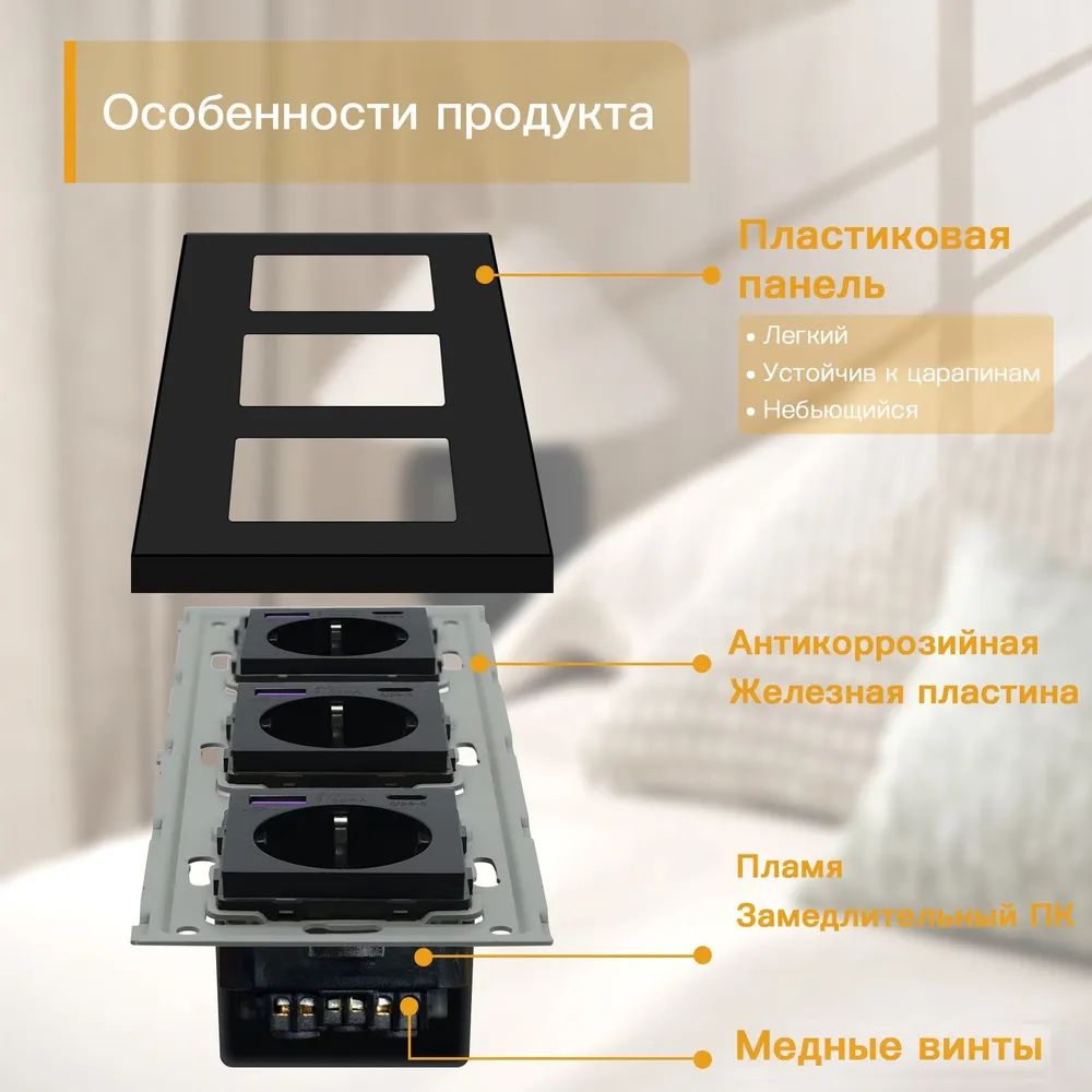 Купить Розетка электрическая 3 поста с Usb/Type-C АC, быстрая зарядка 20W, рамка пластик цвет черный в интернет-магазине Mvava.ru
