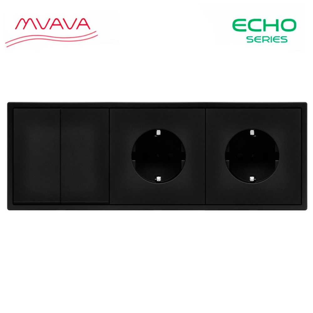 Купить Выключатель echo с розеткой, 2 клавиши 2 розетки, 3 поста (M2+2F) рамка пластик 223х81мм цвет черный в интернет-магазине Mvava.ru