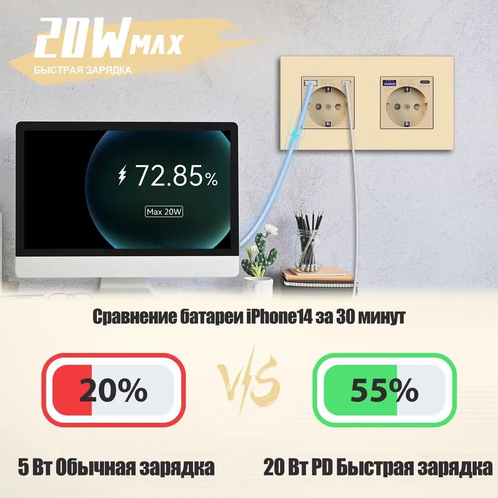 Купить Розетка электрическая 2 поста с Usb/Type-C АC, быстрая зарядка 20W, рамка пластик, цвет золото в интернет-магазине Mvava.ru