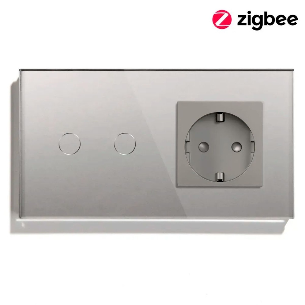 Купить Сенсорный выключатель ZigBee MVAVA 2кл. 1 розетка, 2 поста (2G+1EU) стекло 157х86мм цвет серый в интернет-магазине Mvava.ru