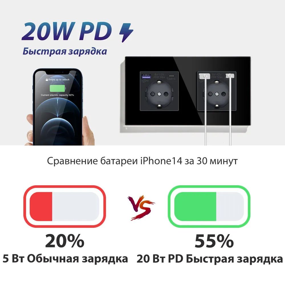 Купить Розетка электрическая 2 поста AC, быстрая зарядка 20W, стекло 157х86 мм, цвет черный в интернет-магазине Mvava.ru