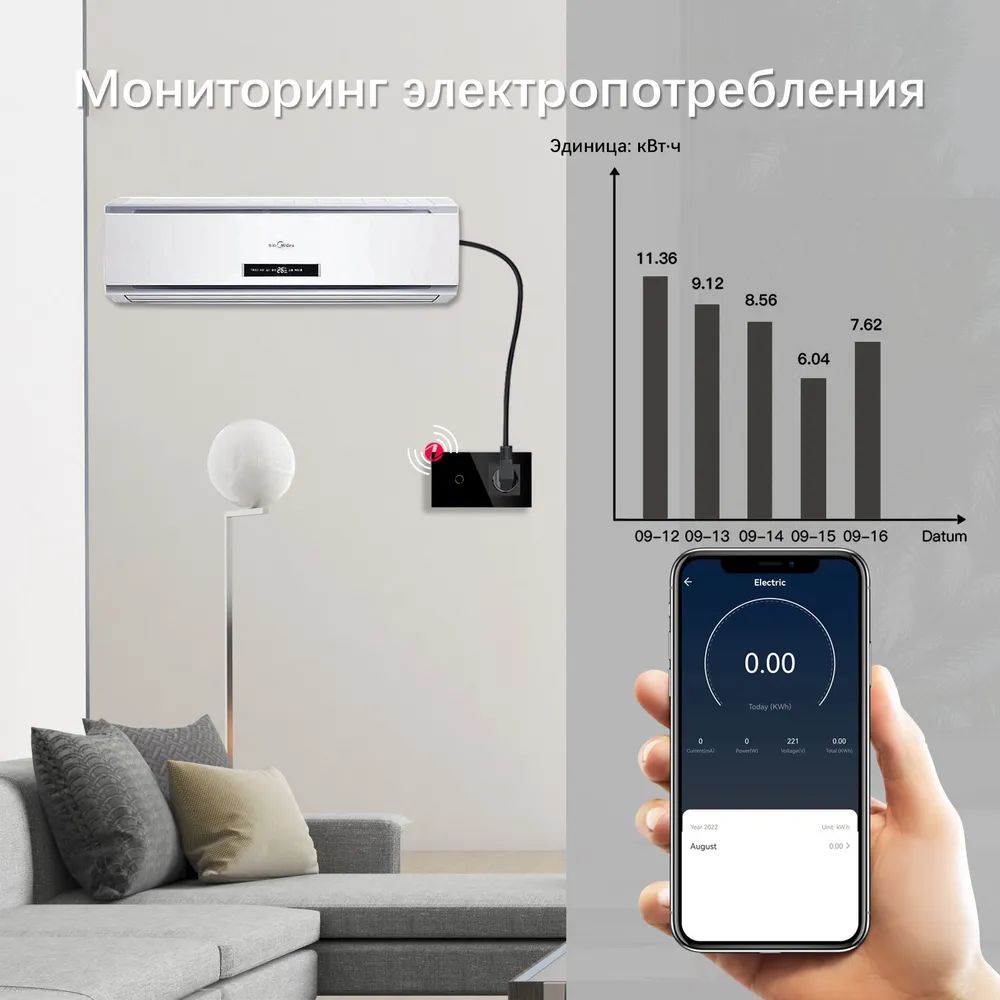 Купить Сенсорный выключатель ZigBee 1кл. 1 розетка, 2 поста (1G+1EU) стекло 157х86мм цвет черный в интернет-магазине Mvava.ru