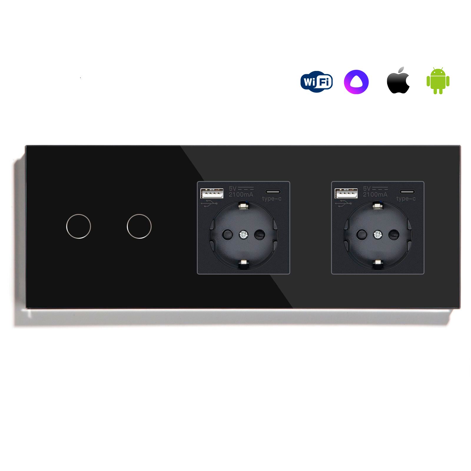 Купить Сенсорный выключатель WiFi 2 клавиши 2 розетки 3 поста (2G+2AC) стекло 228х86мм цвет черный в интернет-магазине Mvava.ru