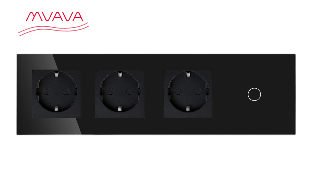 Купить Сенсорный выключатель с розеткой 3 р.1 клавиша, 3 поста (3EU+1G) стекло299х86мм цвет черный в интернет-магазине Mvava.ru
