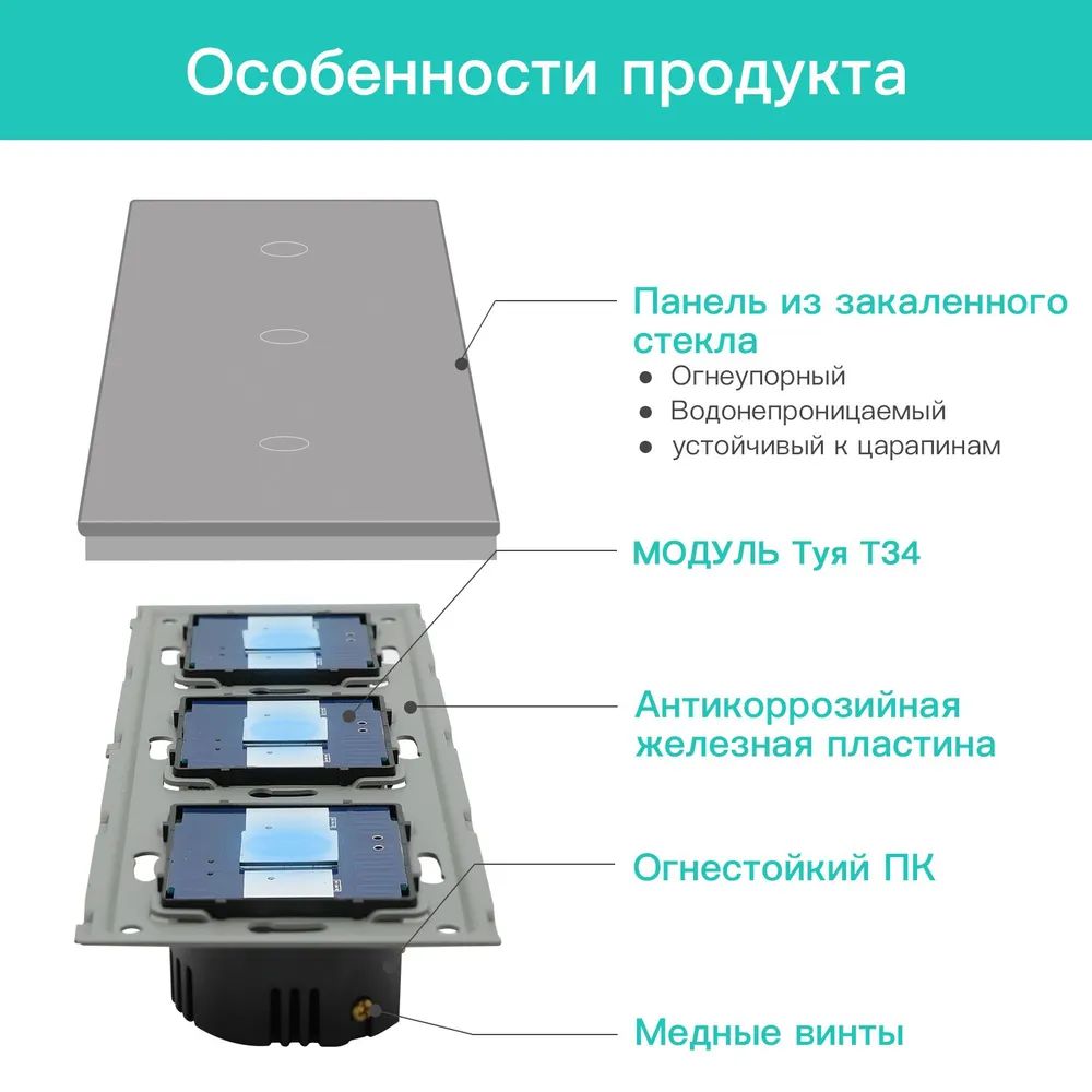 Купить Сенсорный выключатель ZigBee MVAVA, 3 кл. 3 поста (1G+1G+1G) стекло 228х86мм цвет серый в интернет-магазине Mvava.ru
