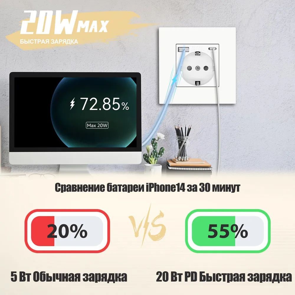 Купить Розетка электрическая 1 пост с Usb/Type-C АC, быстрая зарядка 20W, рамка пластик, цвет белый в интернет-магазине Mvava.ru