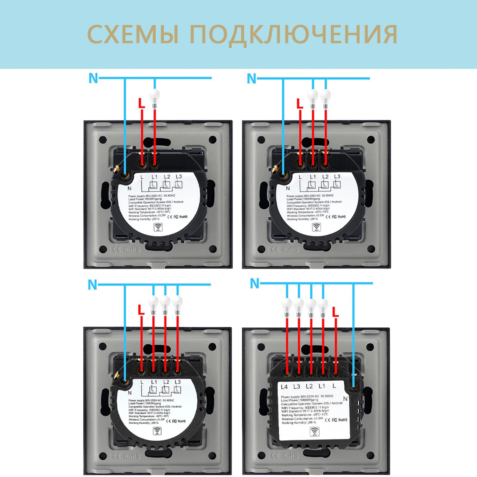 Купить Cенсорный Wi-Fi выключатель 600 Вт , с Алисой, 4 клавиши 1 пост, (4G) цвет золотой в интернет-магазине Mvava.ru