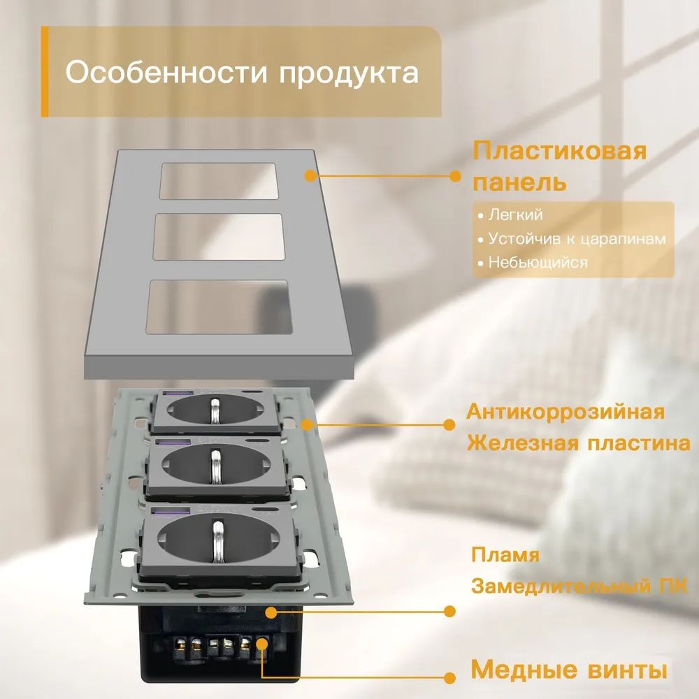 Купить Розетка электрическая 3 поста с Usb/Type-C АC, быстрая зарядка 20W, рамка пластик цвет серый в интернет-магазине Mvava.ru
