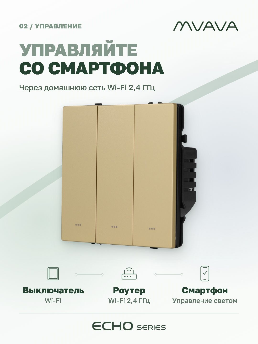 Купить Выключатель Wi-Fi Echo Smart Алиса, нажимной, 3 клавиши, с нулем, без рамки, золотой в интернет-магазине Mvava.ru