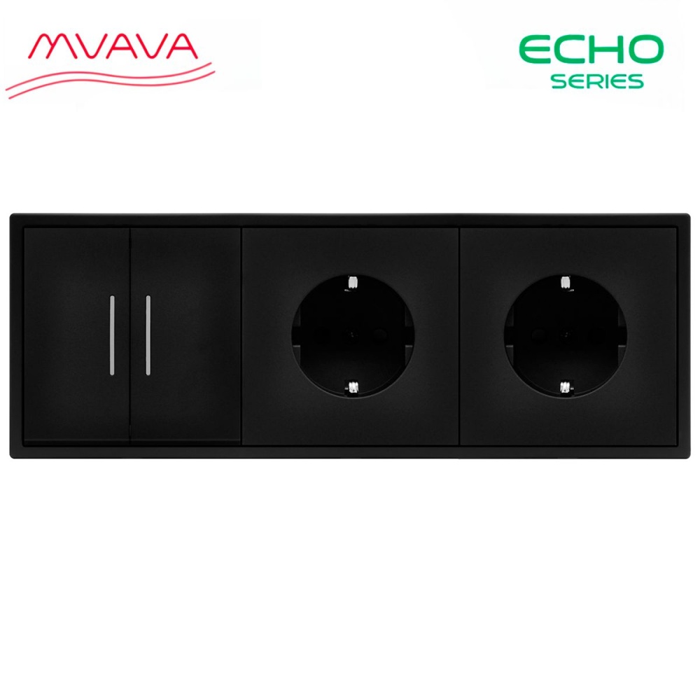 Купить Выключатель echo с розеткой, 2 клавиши 2 розетки, 3 поста (M2+2F) рамка пластик 223х81мм цвет черный в интернет-магазине Mvava.ru
