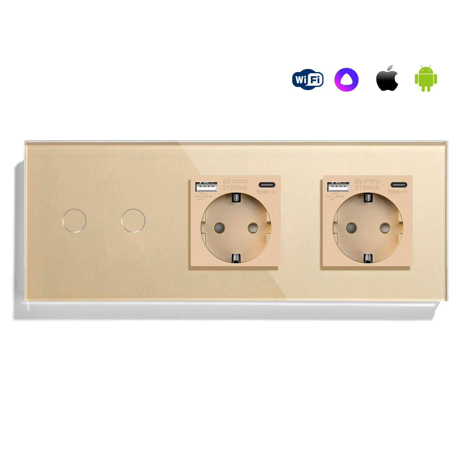 Купить Сенсорный выключатель WiFi 2 клавиши 2 розетки 3 поста (2G+2AC) стекло 228х86мм цвет золотой в интернет-магазине Mvava.ru