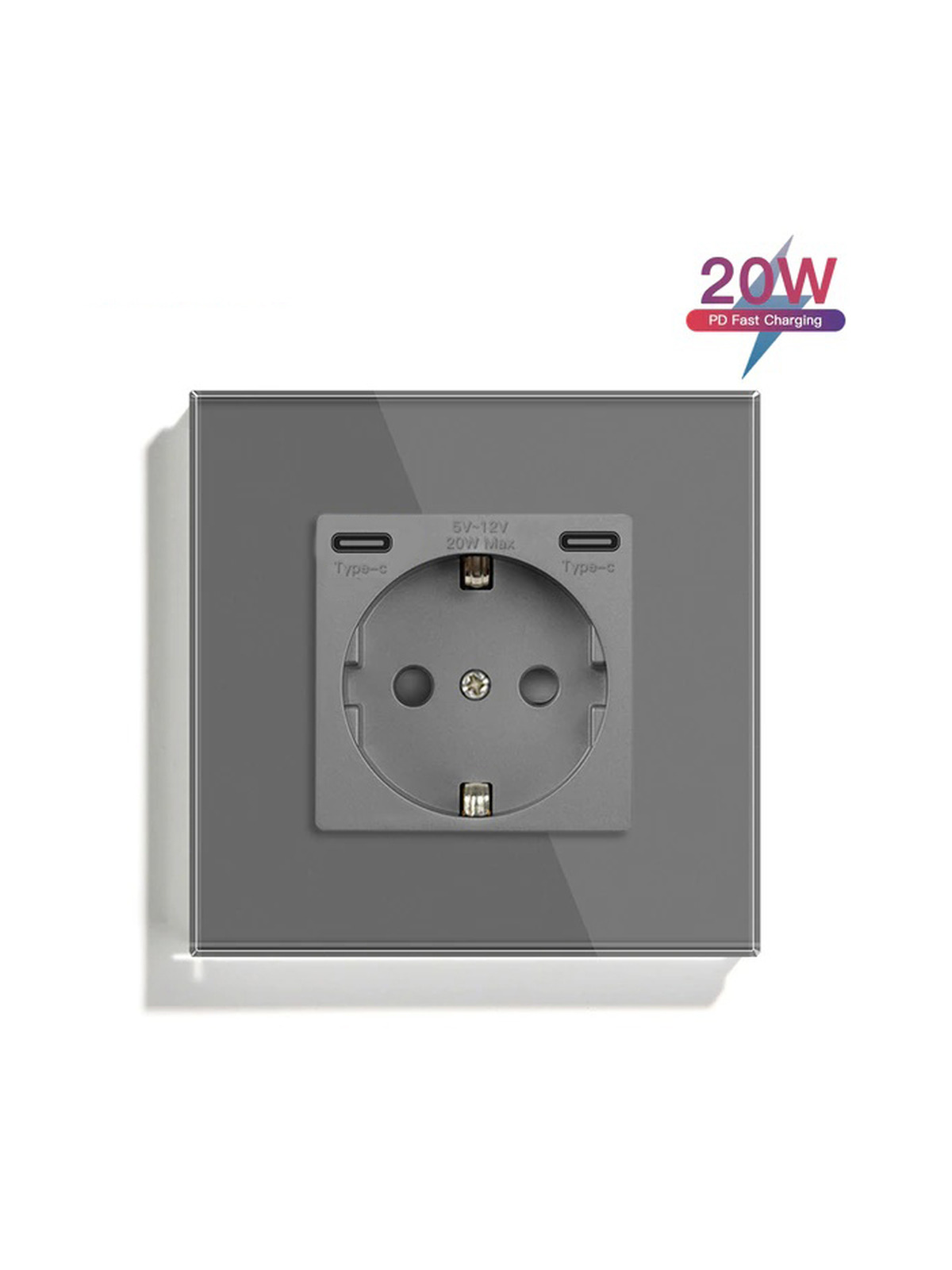 Купить Розетка электрическая 1 пост СC, быстрая зарядка 20W, стекло 86х86 мм, цвет серый в интернет-магазине Mvava.ru