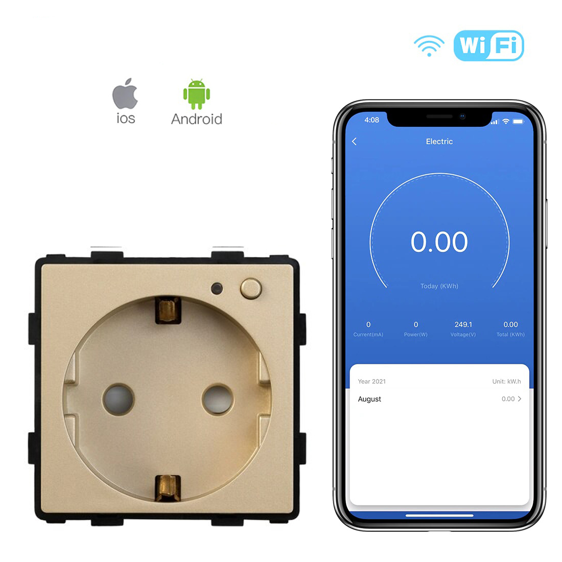 Купить Механизм розетки Wi-Fi, с мониторингом потребления, (без рамки) цвет золотой в интернет-магазине Mvava.ru