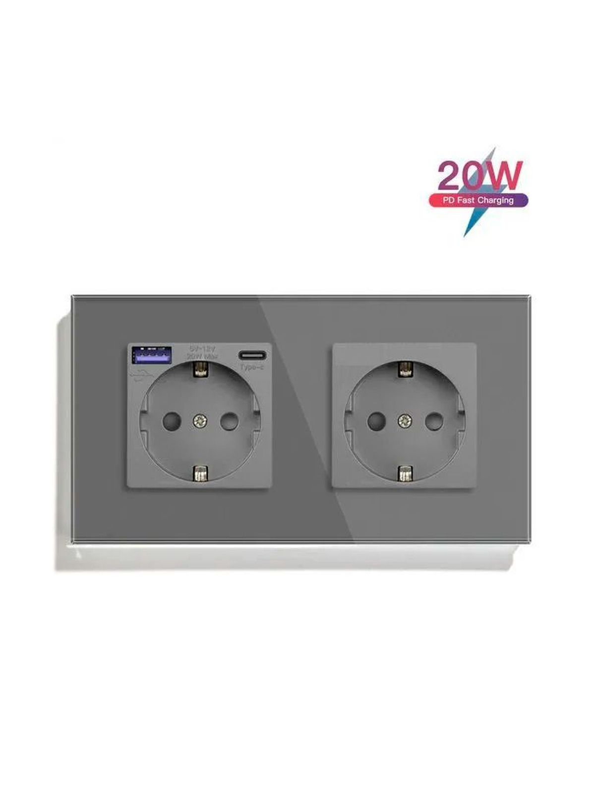 Купить Розетка электрическая 2 поста EU/AC, быстрая зарядка 20W, стекло 157х86 мм, цвет серый в интернет-магазине Mvava.ru