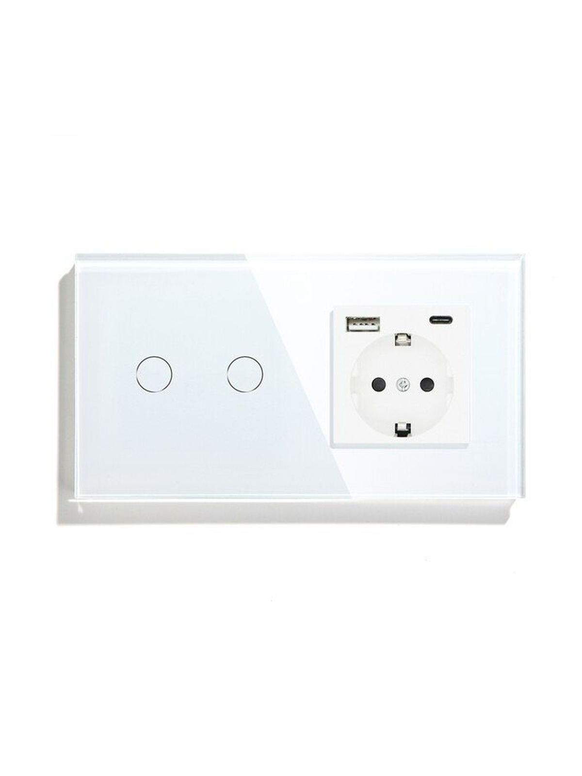 Купить Сенсорный выключатель с розеткой 2кл. 1 розетка, 2 поста (2G+1AС) стекло 157х86мм цвет белый в интернет-магазине Mvava.ru