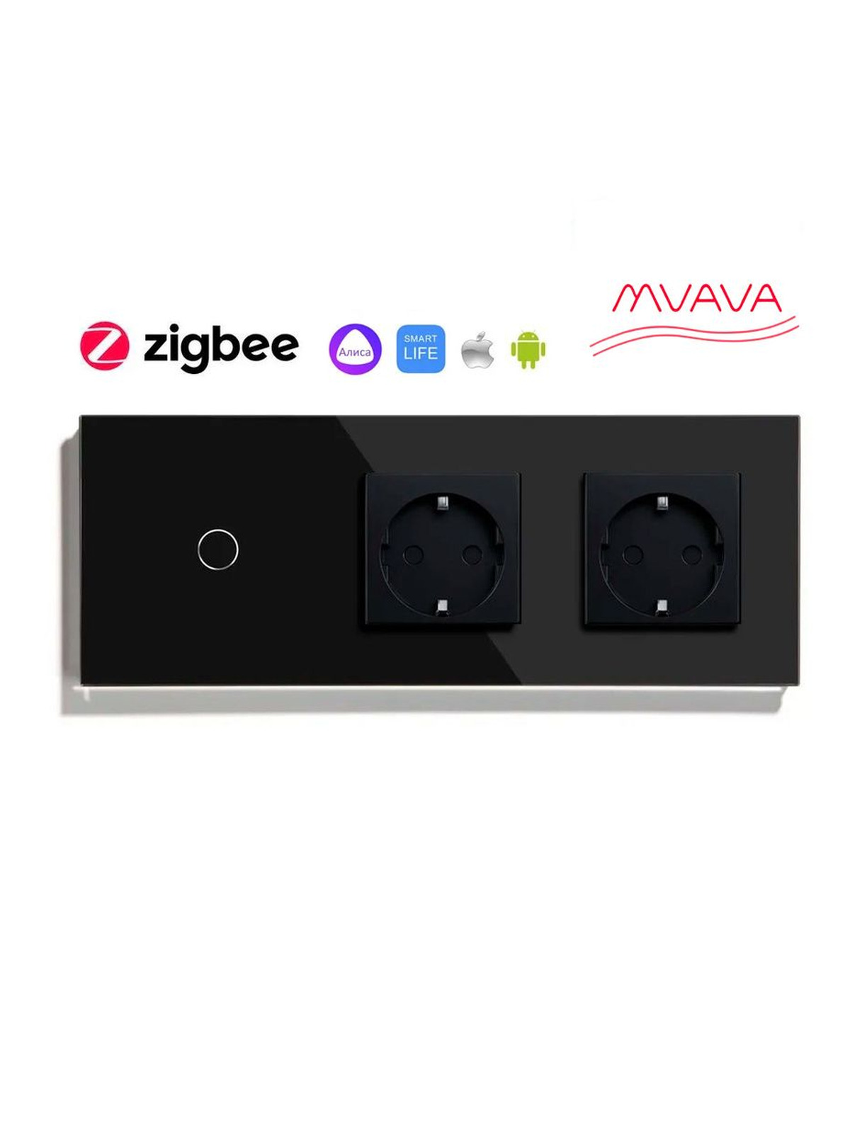 Купить Сенсорный выключатель ZigBee MVAVA 1кл. 2 розетки, 3 поста (1G+2EU) стекло 228х86мм цвет черный в интернет-магазине Mvava.ru