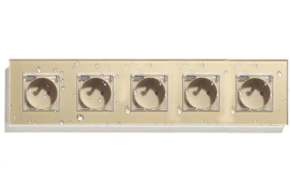 Купить Розетка c крышкой, IP44 5 постов 16А, рамка 370х86мм пластик, цвет золотой в интернет-магазине Mvava.ru