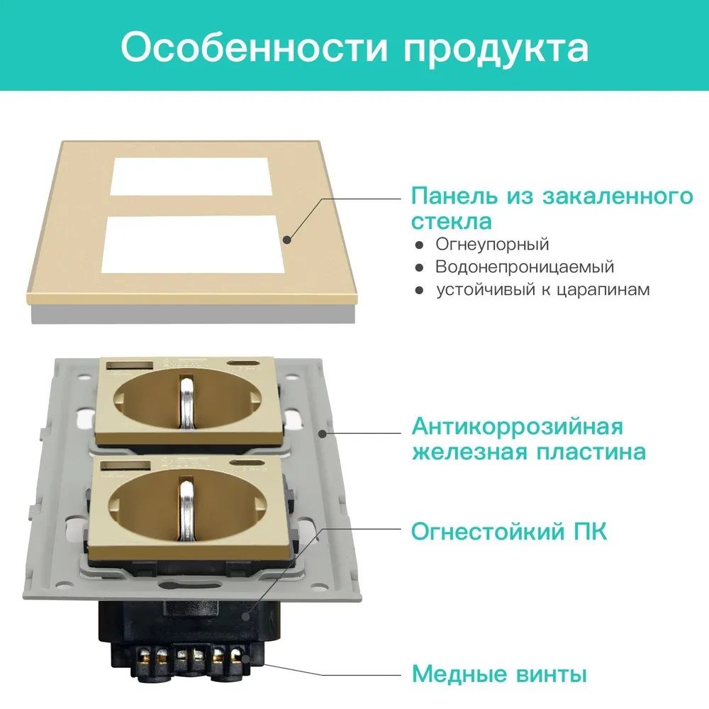 Купить Розетка электрическая 2 поста АC, зарядка 10W, стекло 157х86 мм, цвет золотой в интернет-магазине Mvava.ru