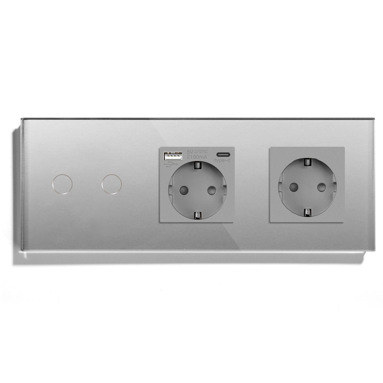 Купить Сенсорный выключатель с розеткой 2кл. 2 розетки, 3 поста (2G+AC/EU) стекло 228х86мм цвет серый в интернет-магазине Mvava.ru