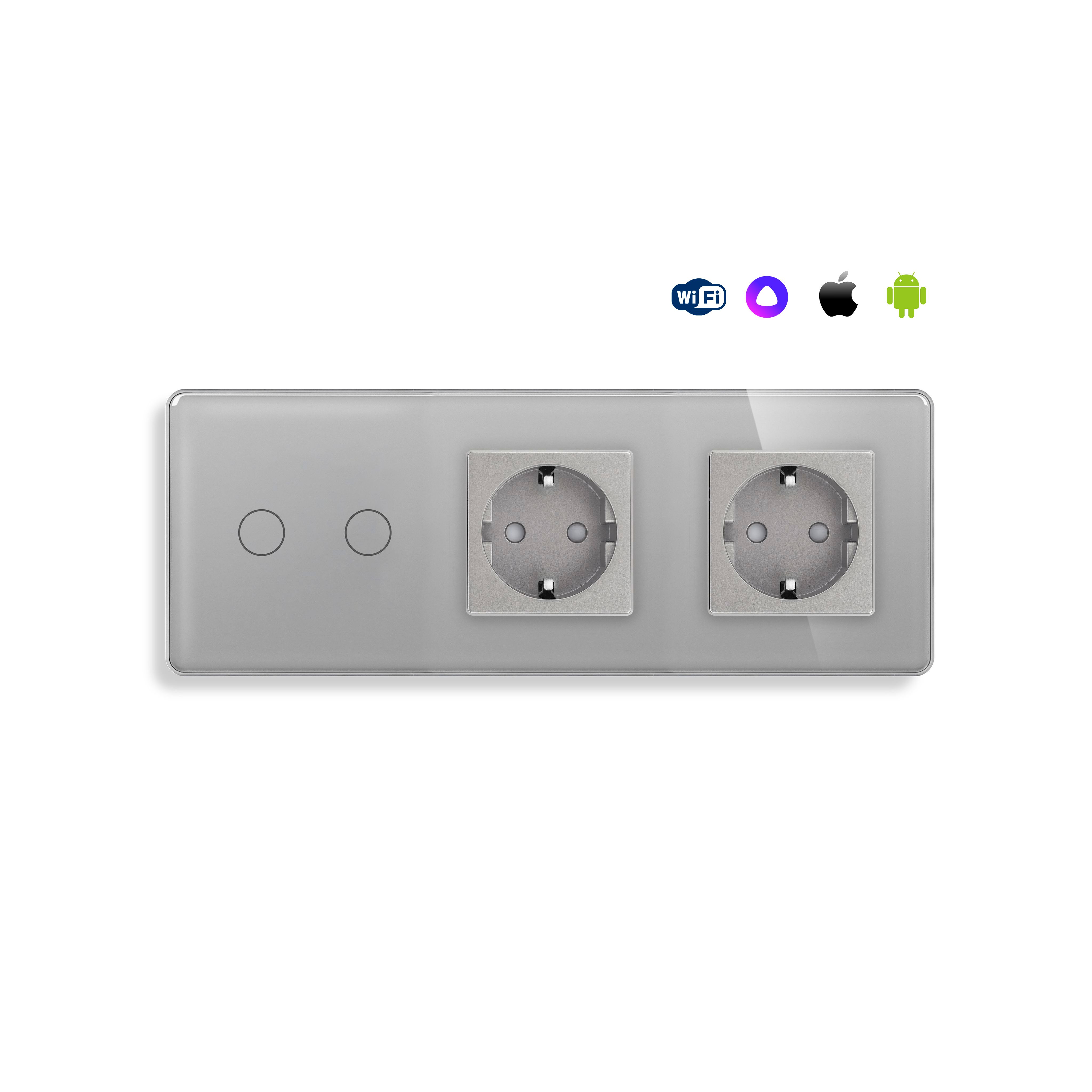 Купить Сенсорный выключатель WiFi 2 клавиши 2 розетки 3 поста (2G+2EU) стекло 2.5D 228х86мм цвет серый в интернет-магазине Mvava.ru