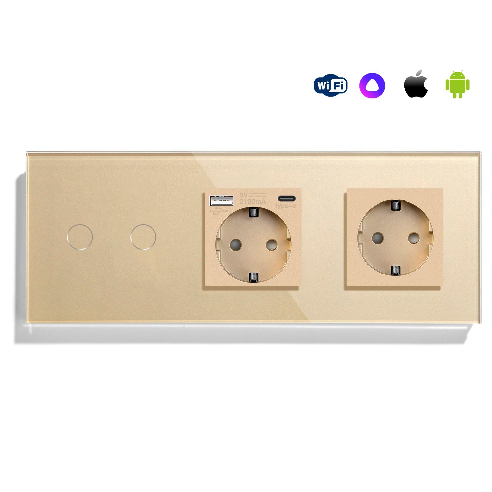 Купить Сенсорный выключатель WiFi 2 клавиши 2 розетки 3 поста (2G+AC/EU) стекло 228х86мм цвет золотой в интернет-магазине Mvava.ru